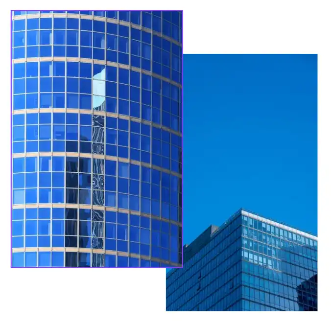 Edificios corporativos de fachada acristalada azul representando un entorno profesional moderno