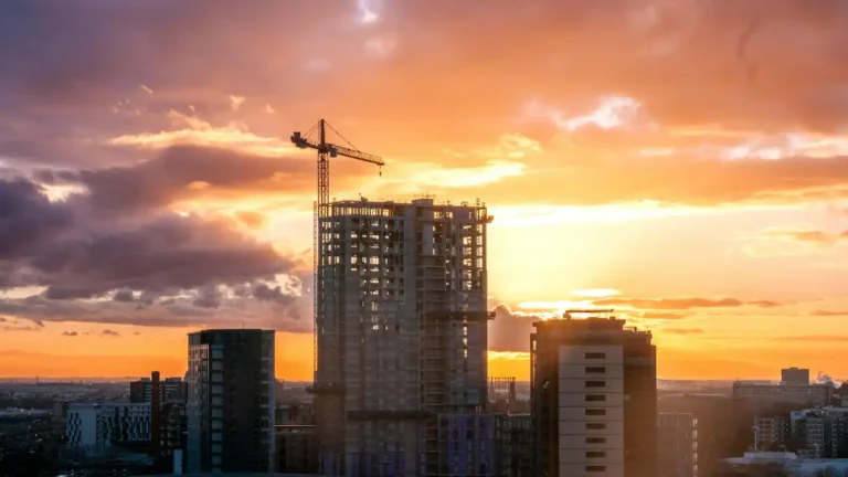 Edificio en construcción con grúa al atardecer representando defectos de construcción en vivienda de obra nueva y posibles reclamaciones legales en Zaragoza