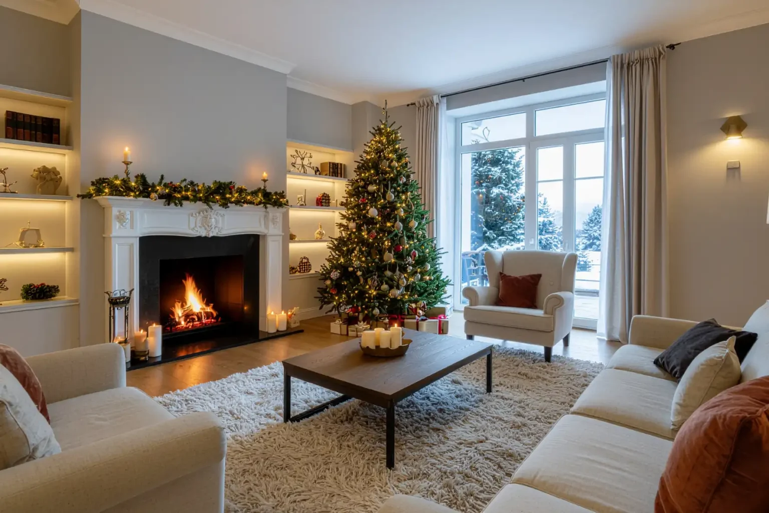 Salón con decoración navideña representando el concepto de vivienda habitual en el contexto del derecho inmobiliario y resoluciones judiciales